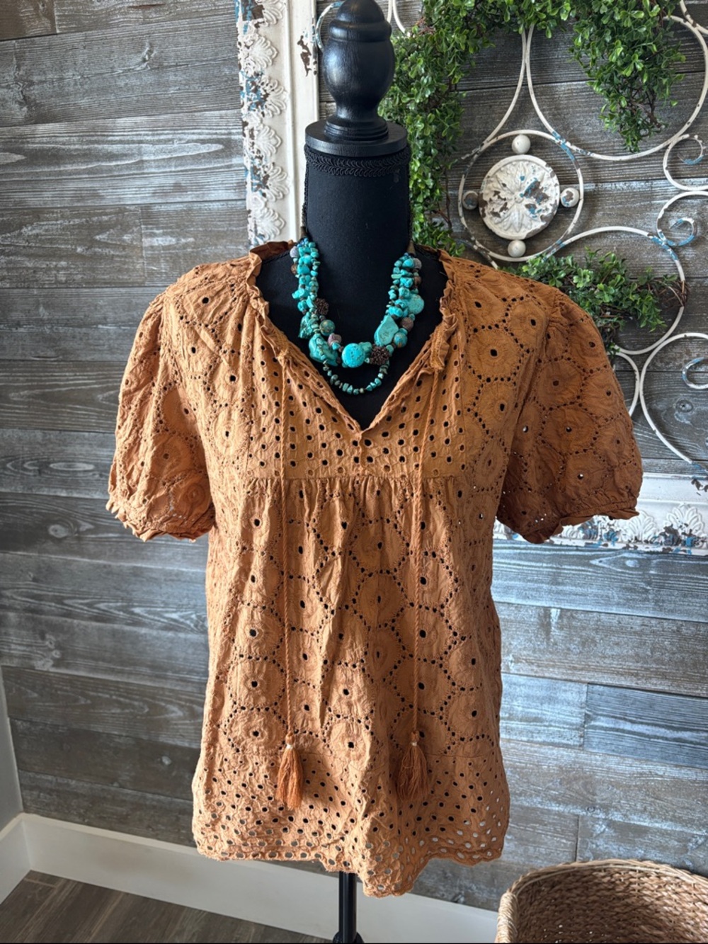 Adiva (Size L) Boho Women's Eyelet Tassel Peasant Top in Rust - 100% Cotton